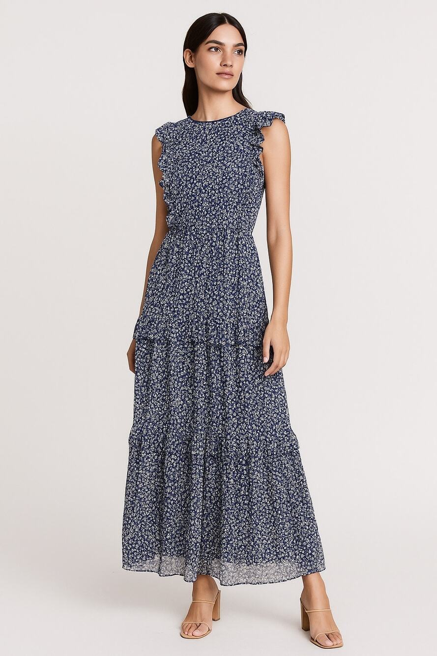 J.Crew Tiered Ruffle Floral Maxi Dress Navy Blue White Size 00